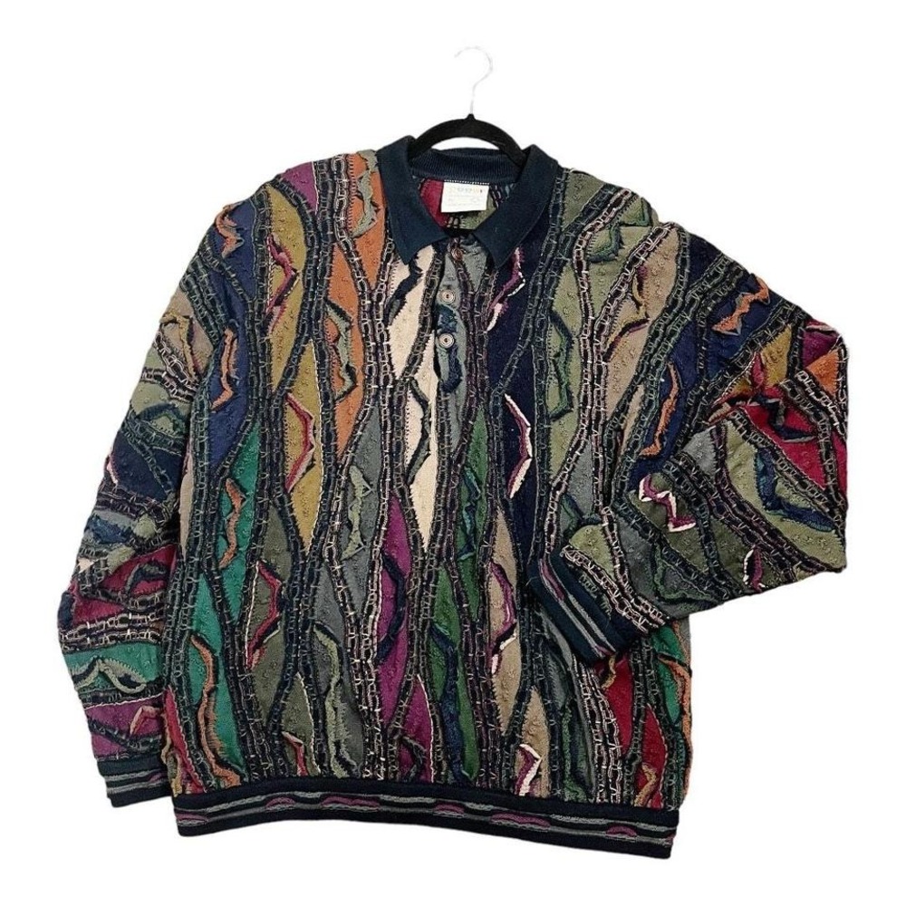 Coogi Sweater Mens XL Multi Color Knit Polo Long Sleeve 3D Textured Australia